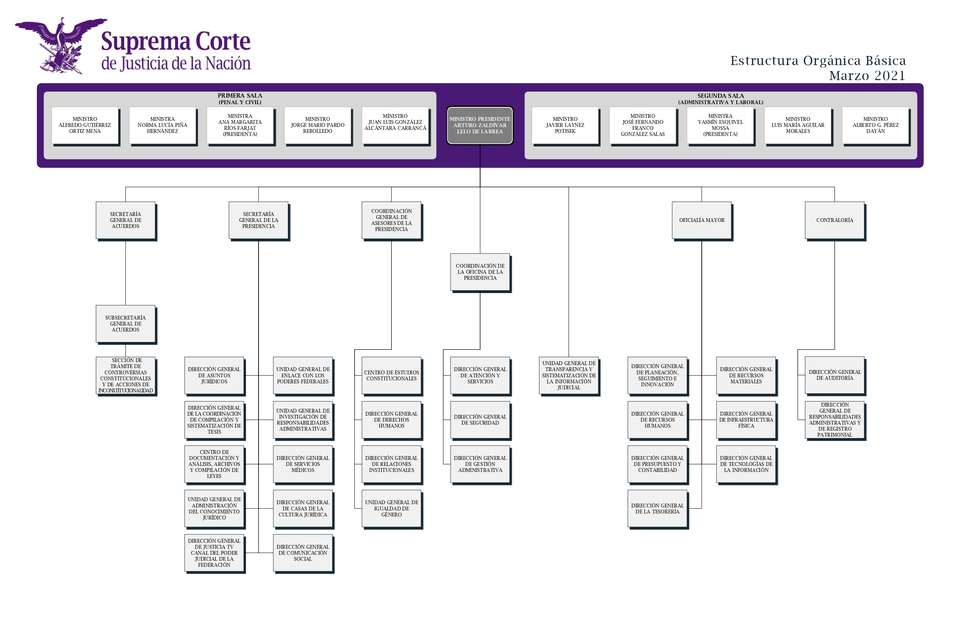 Organigrama en imagen que representa en resumen la conformación de las áreas de la Suprema Corte de Justicia de la Nación